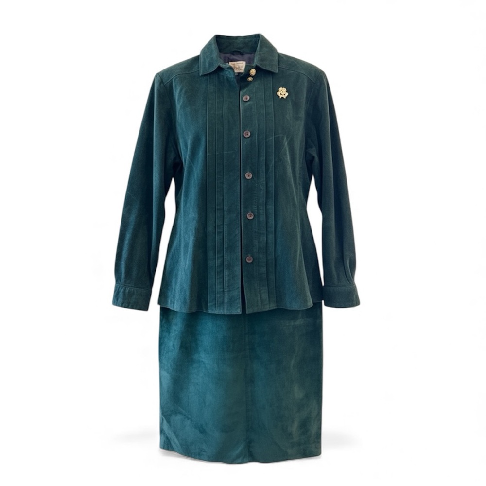 VTG Georgetown Leather Design Emerald Green Suede Blazer & Skirt Suit Set, sz. S